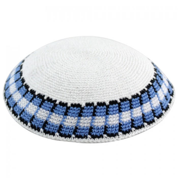 White Knitted DMC Kippah with Blue and Black Stripes